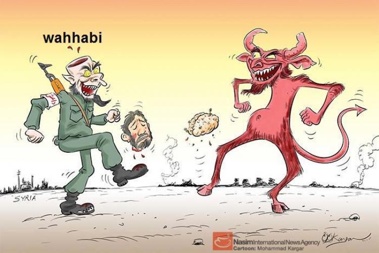 Karikatúra az ördög és egy agyatlan vahhabista játékáról (Kép: islamicinvitationturkey.com)